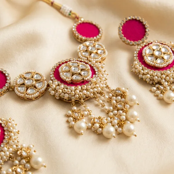 Traditional_Pink_Mirror_Work_Kundan_Jewellery_Set_|_Necklace_Earrings_And_Maang_Tikka