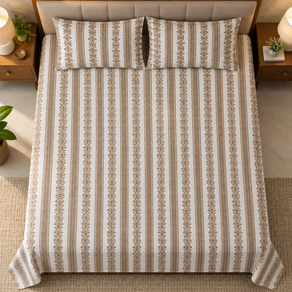 Cotton_|__Super_King_Size_|_Flat_Bedsheet_|_White_With_Brown_Design_|_2_Pillow_Covers|_-_Yarn_Weave