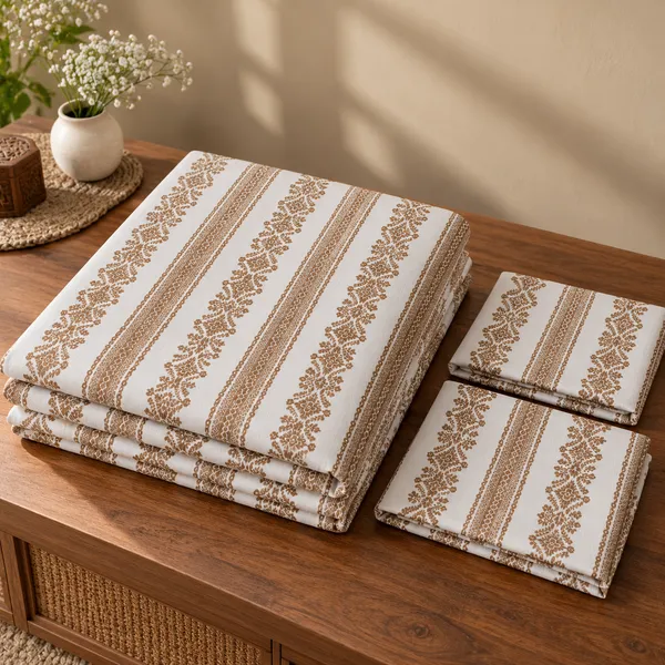 Cotton_|__Super_King_Size_|_Flat_Bedsheet_|_White_With_Brown_Design_|_2_Pillow_Covers|_-_Yarn_Weave