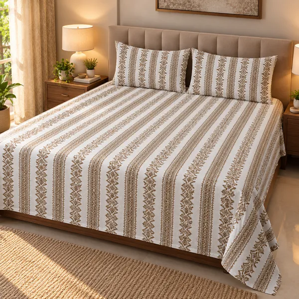 Cotton_|__Super_King_Size_|_Flat_Bedsheet_|_White_With_Brown_Design_|_2_Pillow_Covers|_-_Yarn_Weave
