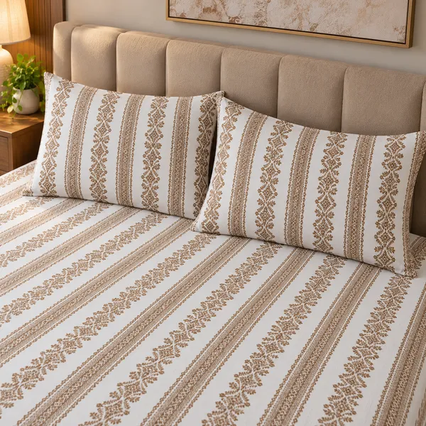 Cotton_|__Super_King_Size_|_Flat_Bedsheet_|_White_With_Brown_Design_|_2_Pillow_Covers|_-_Yarn_Weave
