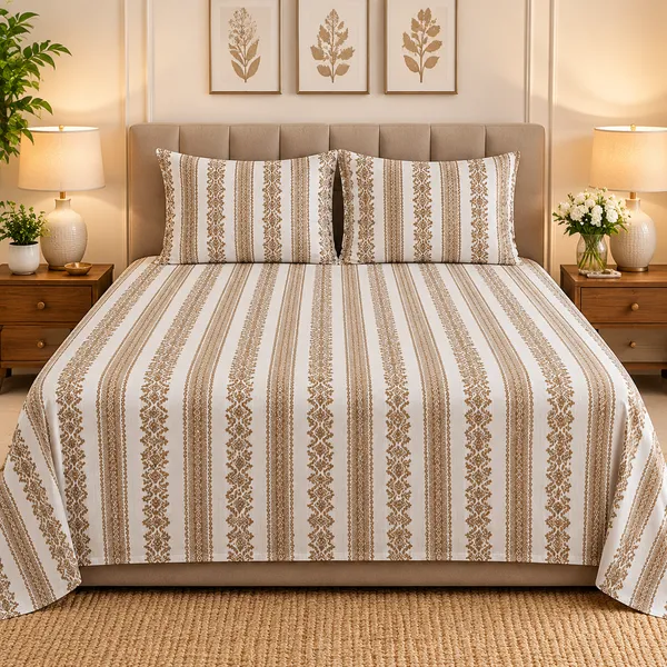 Cotton_|__Super_King_Size_|_Flat_Bedsheet_|_White_With_Brown_Design_|_2_Pillow_Covers|_-_Yarn_Weave