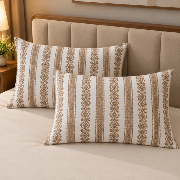 Cotton_|__Super_King_Size_|_Flat_Bedsheet_|_White_With_Brown_Design_|_2_Pillow_Covers|_-_Yarn_Weave