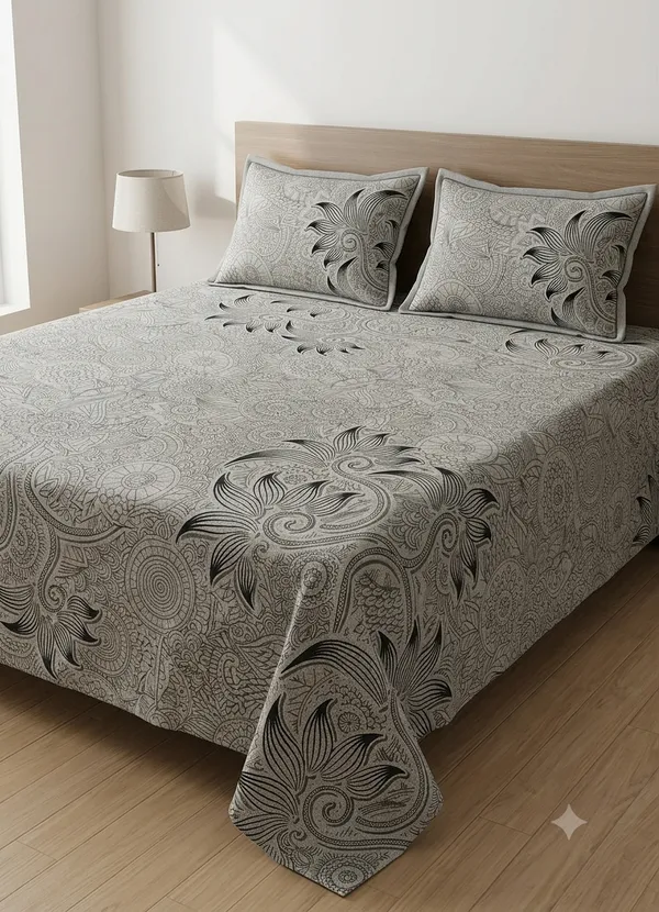Aagaaz_-_Grey_Print_Superking_Cotton_Bedsheet