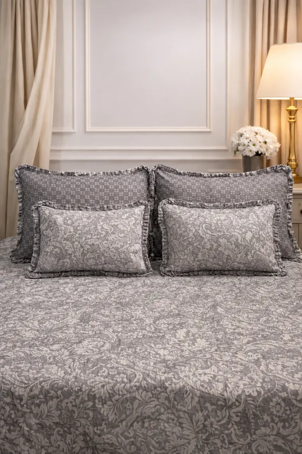 Cotton_|_Super_King_Size_|_Flat_Bedsheet_|5_Piece_Set_|_Grey_With_2_Frill_Pillow_Covers|2_Frill_Cushions_-_Ambi_Aura