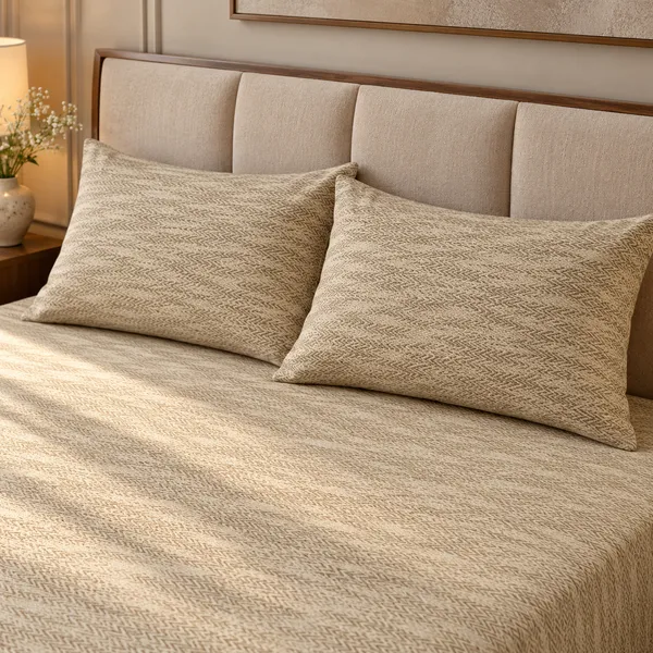 Cotton_|__King_Size_|_Flat_Bedsheet_|_Beige_With_Texture_Design_|_2_Pillow_Covers|_-_Luxe_Weave