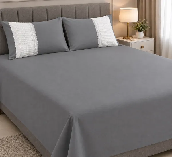 Cotton_|_King_Size_|_Flat_Bedsheet_|_Dark_Grey_With_2_Embroidery_Pillow_Covers|_-_Boss
