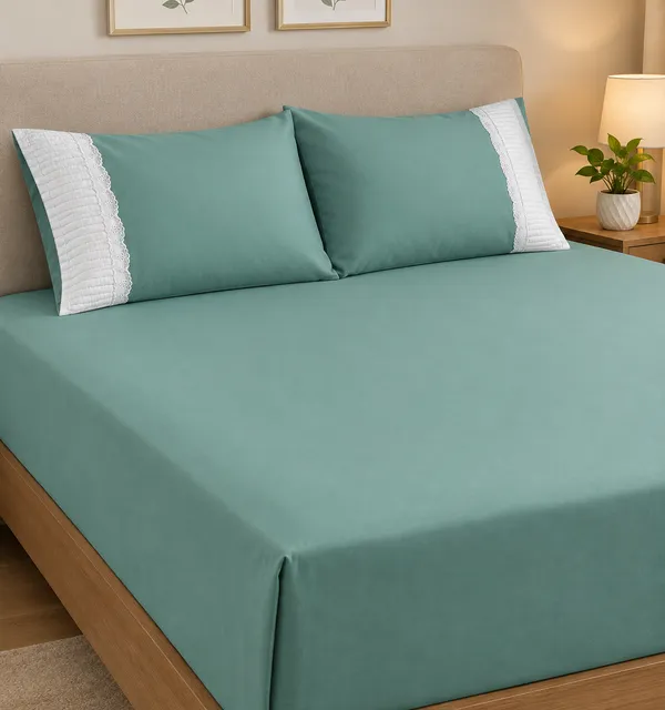 Cotton_|_King_Size_|_Flat_Bedsheet_|_Green_Color_With_2_Embroidery_Pillow_Covers|_-_Boss