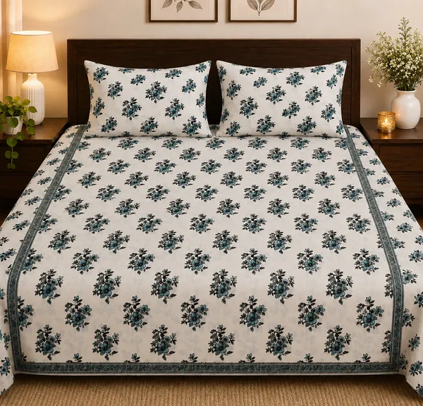 Cotton_|_Queen_Size_|_Flat_Bedsheet_|_White_With_Blue_Flowers_With_2_Pillow_Covers|_-_Chitrakari