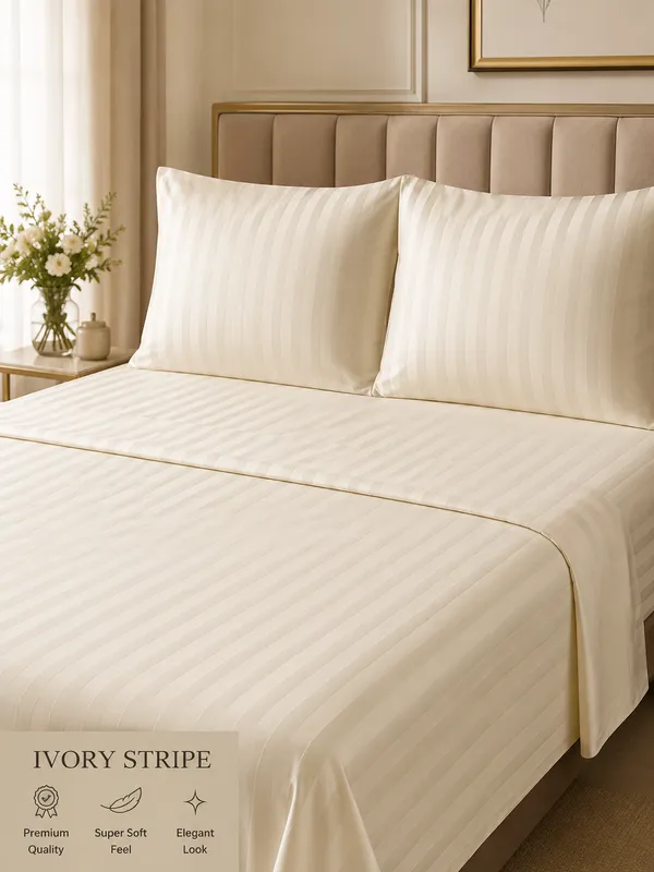 Cotton_|_Super_King_Size|_Flat_Bedsheet_|_Ivory_With_2_Pillow_Covers|_-_Chitrangi