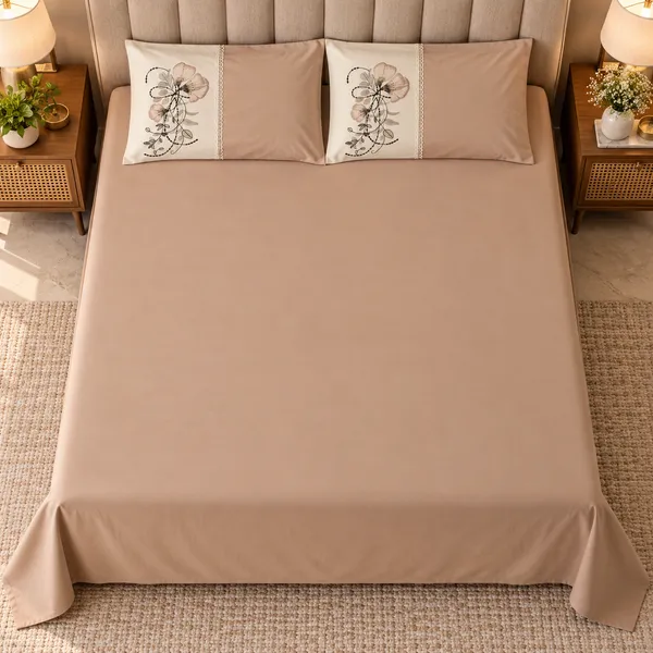 Cotton_|_King_Size_Bedsheet_|_2_Embroidery_Pillow_Covers_|_Beige-_Meadow_Bloom