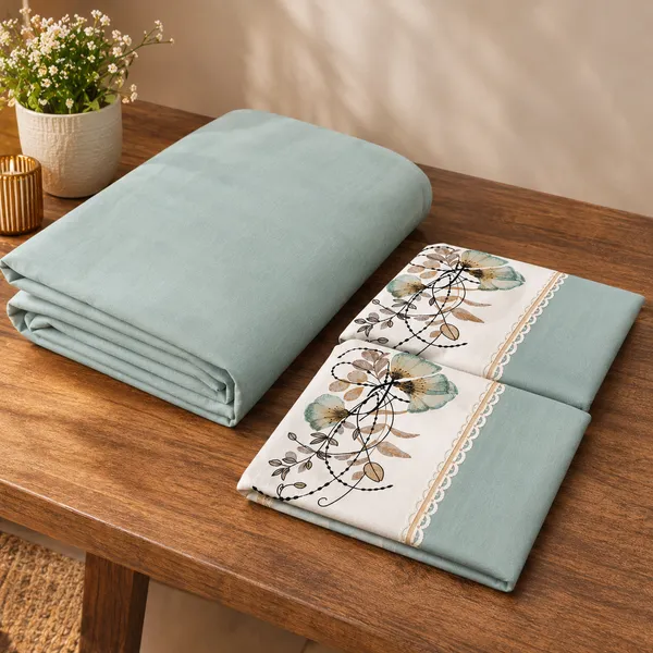 Cotton_|_King_Size_Bedsheet_|_2_Embroidery_Pillow_Covers_|_Green-_Meadow_Bloom