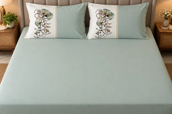 Cotton_|_King_Size_Bedsheet_|_2_Embroidery_Pillow_Covers_|_Green-_Meadow_Bloom