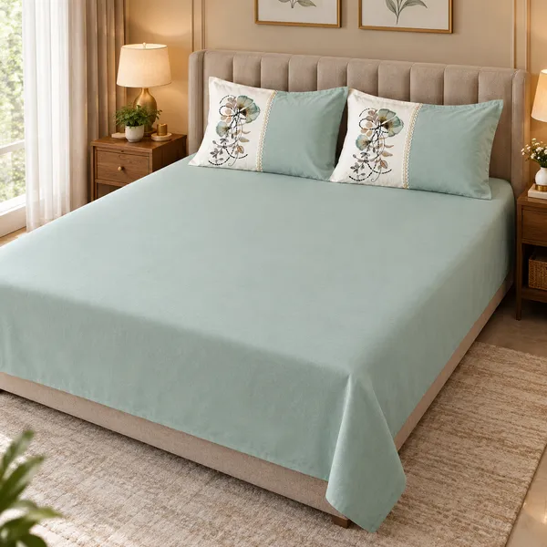 Cotton_|_King_Size_Bedsheet_|_2_Embroidery_Pillow_Covers_|_Green-_Meadow_Bloom