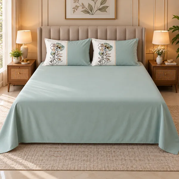 Cotton_|_King_Size_Bedsheet_|_2_Embroidery_Pillow_Covers_|_Green-_Meadow_Bloom