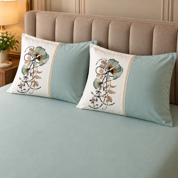 Cotton_|_King_Size_Bedsheet_|_2_Embroidery_Pillow_Covers_|_Green-_Meadow_Bloom