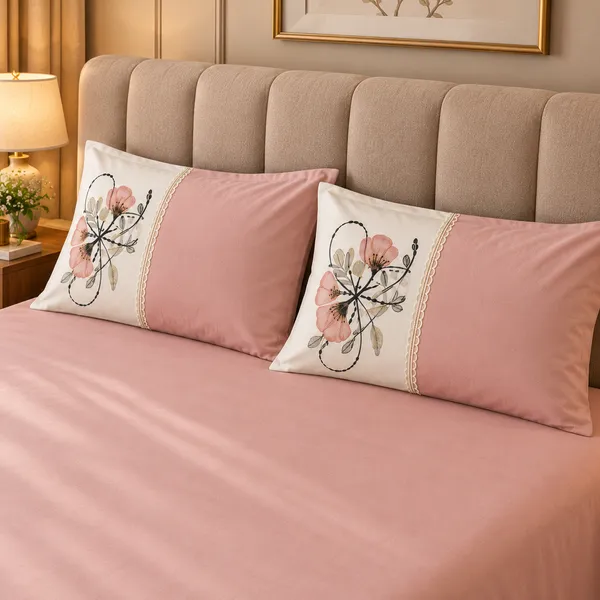 Cotton_|_King_Size_Bedsheet_|_2_Embroidery_Pillow_Covers_|_Pink-_Meadow_Bloom