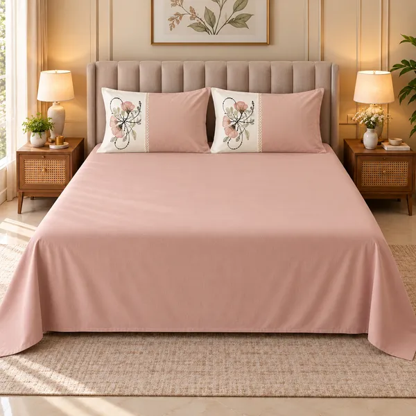 Cotton_|_King_Size_Bedsheet_|_2_Embroidery_Pillow_Covers_|_Pink-_Meadow_Bloom