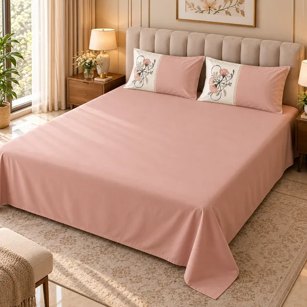 Cotton_|_King_Size_Bedsheet_|_2_Embroidery_Pillow_Covers_|_Pink-_Meadow_Bloom