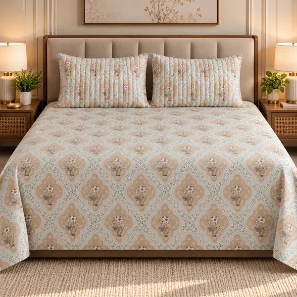 Cotton_|_King_Size_Bedsheet_|_2_Quilted_Pillow_Covers_|_Beige_With_Brown_|-_Vectra
