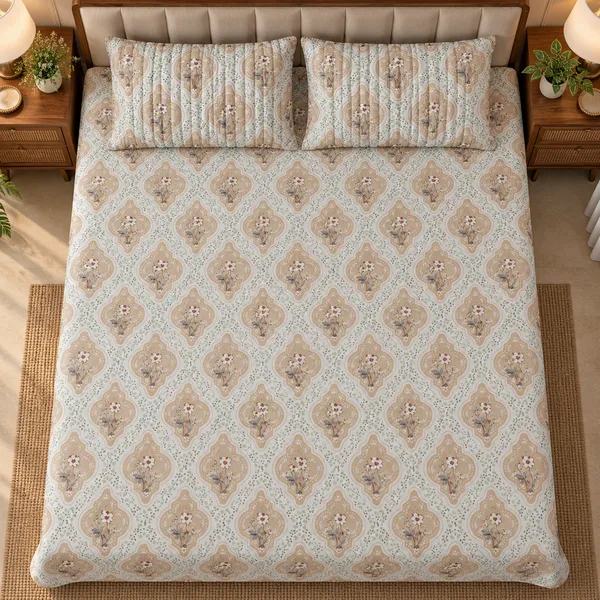 Cotton_|_King_Size_Bedsheet_|_2_Quilted_Pillow_Covers_|_Beige_With_Brown_|-_Vectra