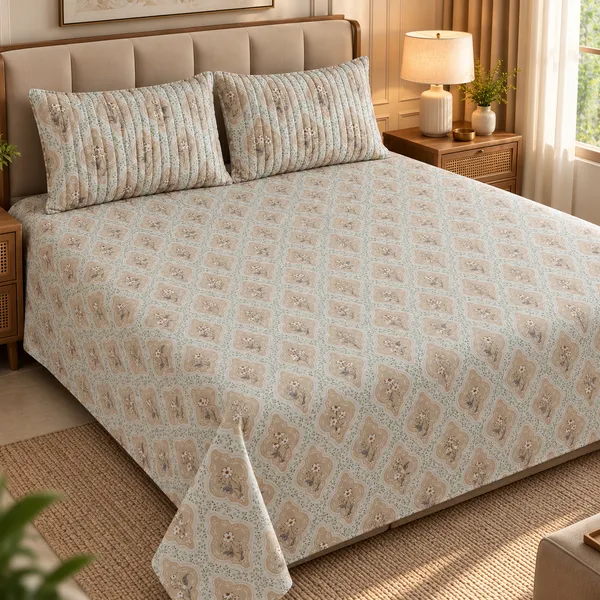 Cotton_|_King_Size_Bedsheet_|_2_Quilted_Pillow_Covers_|_Beige_With_Brown_|-_Vectra
