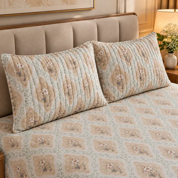 Cotton_|_King_Size_Bedsheet_|_2_Quilted_Pillow_Covers_|_Beige_With_Brown_|-_Vectra