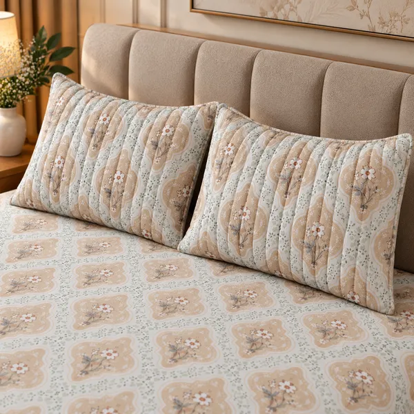 Cotton_|_King_Size_Bedsheet_|_2_Quilted_Pillow_Covers_|_Beige_With_Brown_|-_Vectra
