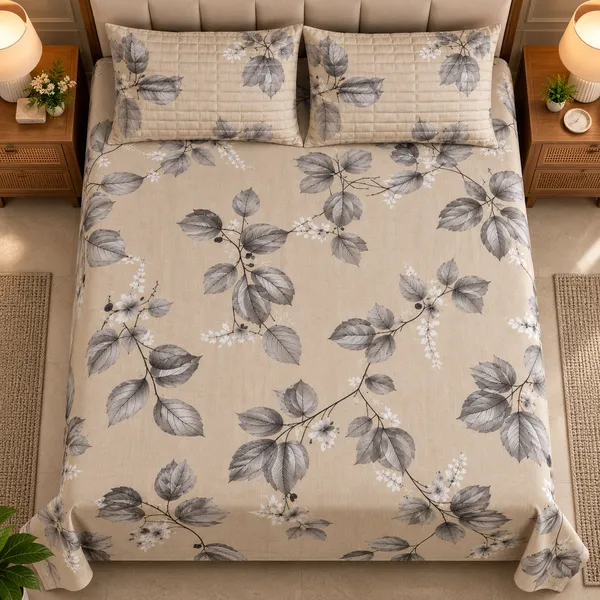 Cotton_|_King_Size_Bedsheet_|_2_Quilted_Pillow_Covers_|_Beige_With_Grey-_Vectra