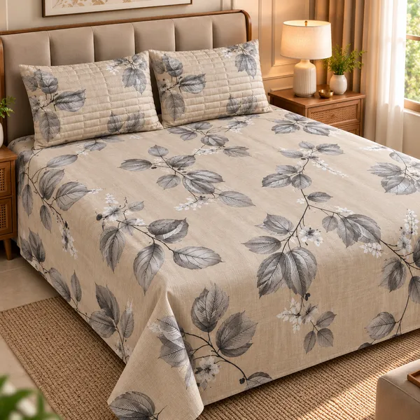 Cotton_|_King_Size_Bedsheet_|_2_Quilted_Pillow_Covers_|_Beige_With_Grey-_Vectra