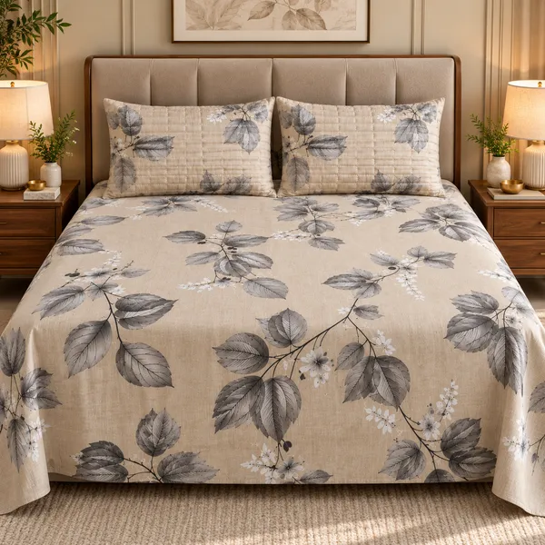 Cotton_|_King_Size_Bedsheet_|_2_Quilted_Pillow_Covers_|_Beige_With_Grey-_Vectra