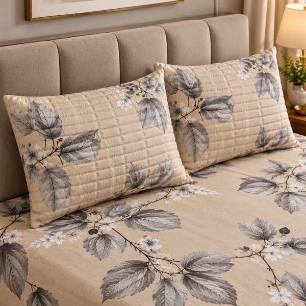 Cotton_|_King_Size_Bedsheet_|_2_Quilted_Pillow_Covers_|_Beige_With_Grey-_Vectra