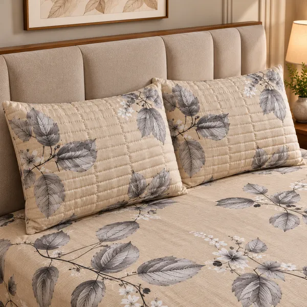 Cotton_|_King_Size_Bedsheet_|_2_Quilted_Pillow_Covers_|_Beige_With_Grey-_Vectra