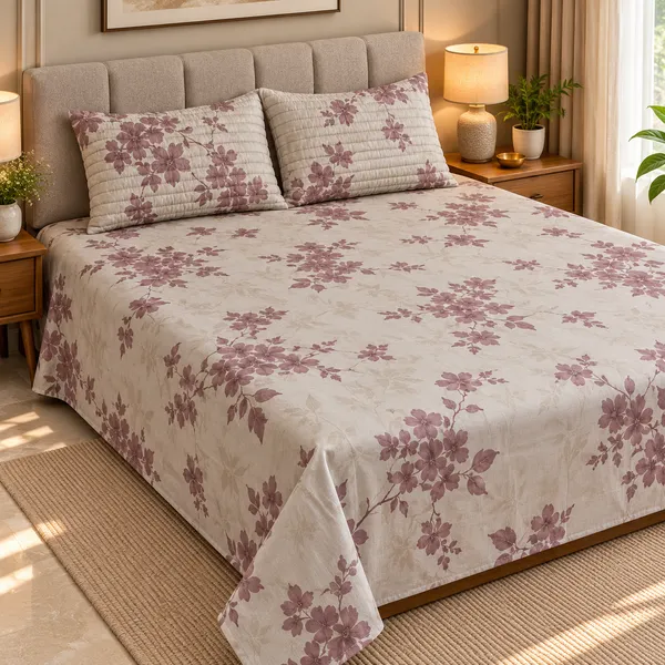 Cotton_|_King_Size_Bedsheet_|_2_Quilted_Pillow_Covers_|_Beige_With_Wine_|-_Vectra