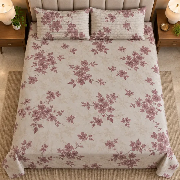Cotton_|_King_Size_Bedsheet_|_2_Quilted_Pillow_Covers_|_Beige_With_Wine_|-_Vectra