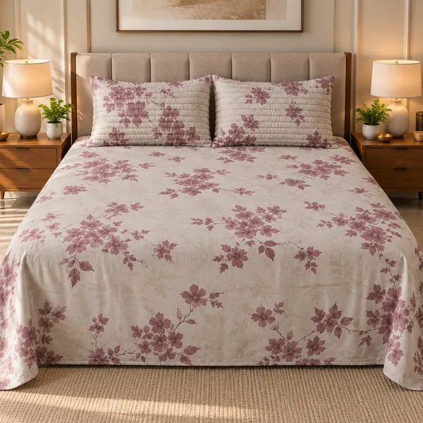Cotton_|_King_Size_Bedsheet_|_2_Quilted_Pillow_Covers_|_Beige_With_Wine_|-_Vectra