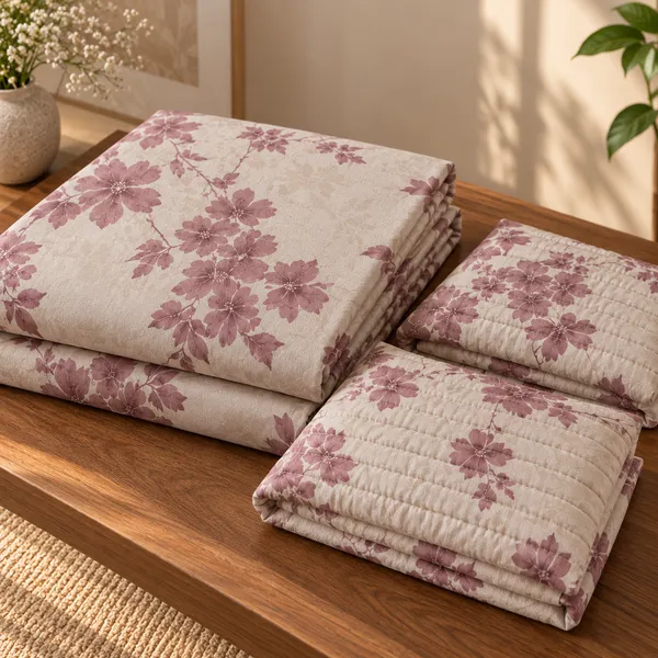Cotton_|_King_Size_Bedsheet_|_2_Quilted_Pillow_Covers_|_Beige_With_Wine_|-_Vectra