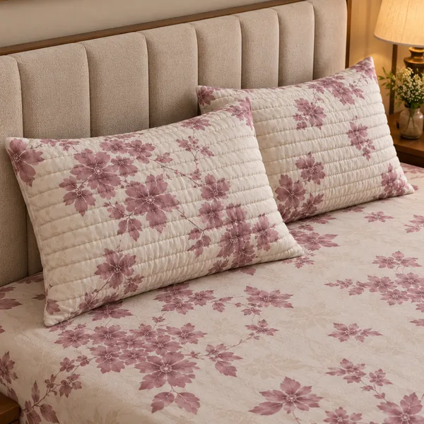 Cotton_|_King_Size_Bedsheet_|_2_Quilted_Pillow_Covers_|_Beige_With_Wine_|-_Vectra