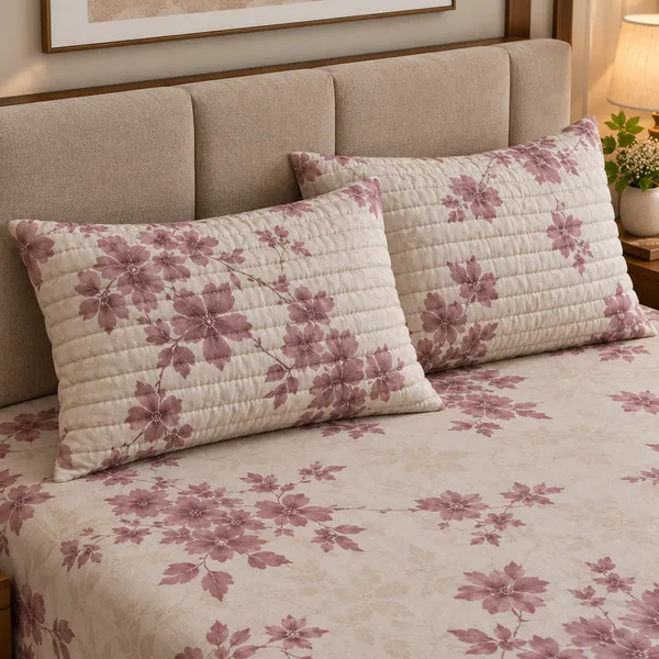 Cotton_|_King_Size_Bedsheet_|_2_Quilted_Pillow_Covers_|_Beige_With_Wine_|-_Vectra