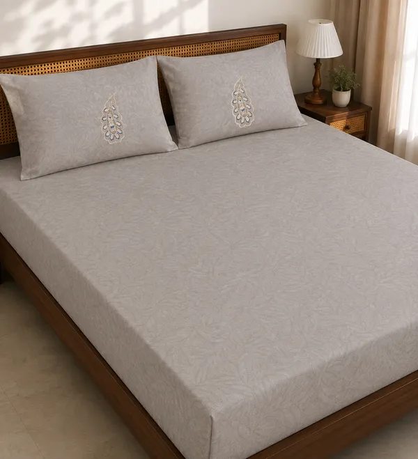 Cotton_|_King_Size_|_Flat_Bedsheet|_With_2_Embroidery_Pillow_Covers_|_Green_-_Embroidery_