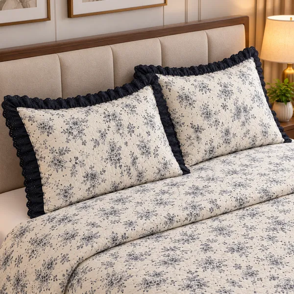 Cotton_|_King_Size_|_Quilted_Bedcover_|_Off_White_With_Black_|_With_2_Quilted_Pillow_Covers|_-Casa_Bloom