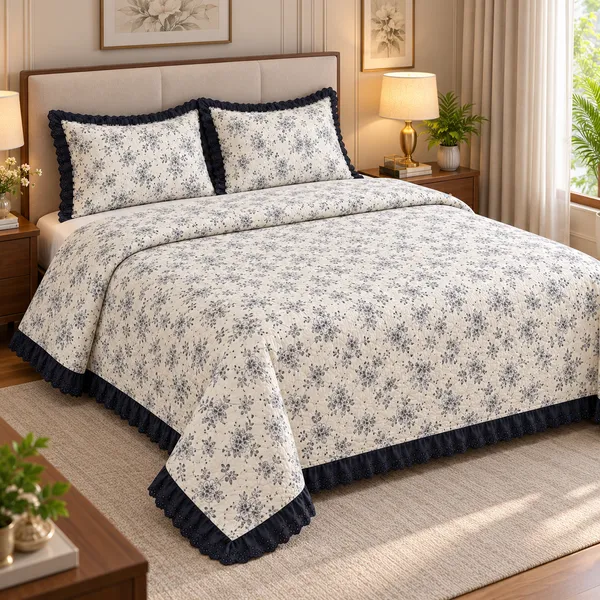 Cotton_|_King_Size_|_Quilted_Bedcover_|_Off_White_With_Black_|_With_2_Quilted_Pillow_Covers|_-Casa_Bloom