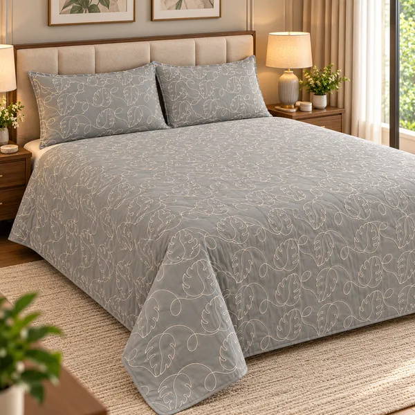 Cotton_|_King_Size_|_Quilted_Embroidery_Bedcover_Cum_Quilt_|_Grey_|_With_2_Quilted_Pillow_Covers|_-Stitchora_