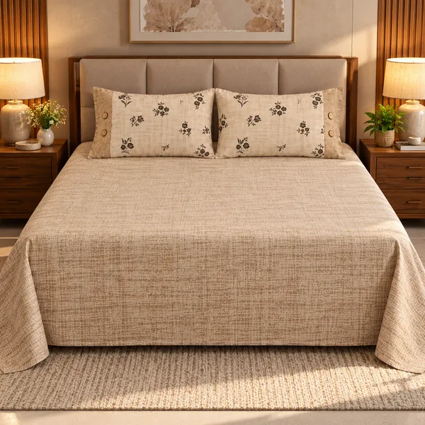 Cotton_|__King_Size_|_Flat_Bedsheet_|_Beige_Color_|_With_2_Contrast_Button_Pillow_Covers|_-_Bellanza