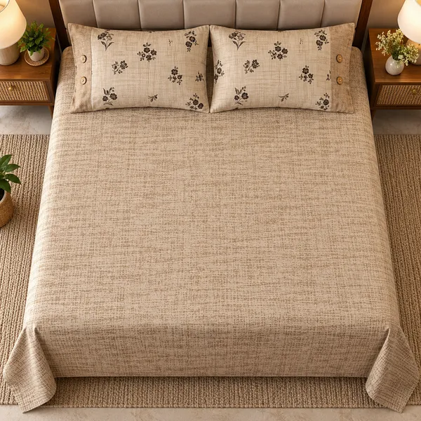 Cotton_|__King_Size_|_Flat_Bedsheet_|_Beige_Color_|_With_2_Contrast_Button_Pillow_Covers|_-_Bellanza