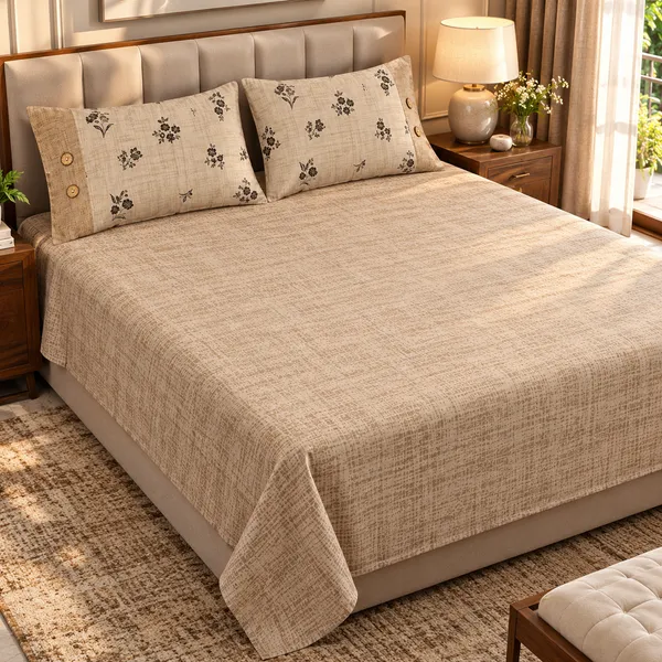 Cotton_|__King_Size_|_Flat_Bedsheet_|_Beige_Color_|_With_2_Contrast_Button_Pillow_Covers|_-_Bellanza