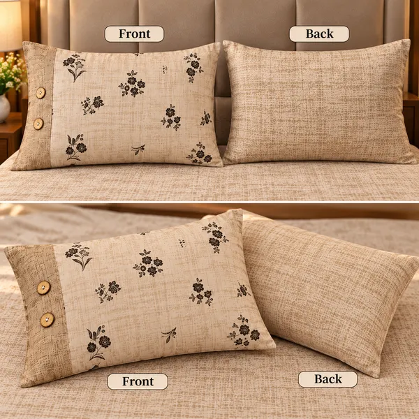 Cotton_|__King_Size_|_Flat_Bedsheet_|_Beige_Color_|_With_2_Contrast_Button_Pillow_Covers|_-_Bellanza