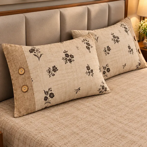 Cotton_|__King_Size_|_Flat_Bedsheet_|_Beige_Color_|_With_2_Contrast_Button_Pillow_Covers|_-_Bellanza