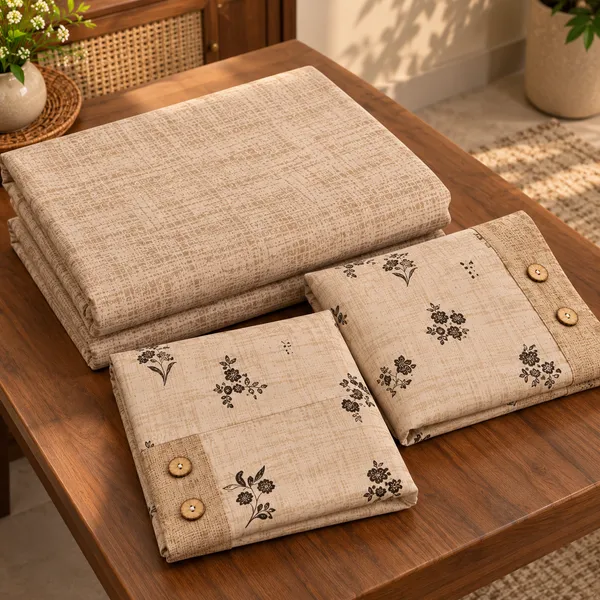 Cotton_|__King_Size_|_Flat_Bedsheet_|_Beige_Color_|_With_2_Contrast_Button_Pillow_Covers|_-_Bellanza