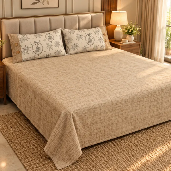 Cotton_|__King_Size_|_Flat_Bedsheet_|_Beige_Print_Design_|_With_2_Contrast_Button_Pillow_Covers|_-_Bellanza